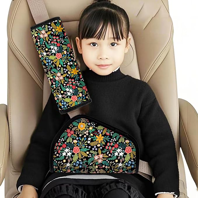 Kid'S Seat Belt Cover Pad, Neck & Abdomen Cushion For Children- Soft And Breathable Straps Cover Support For Booster Seat, Strollers, And High Chairs | Hypoallergenic Travel Accessory, Wild flower