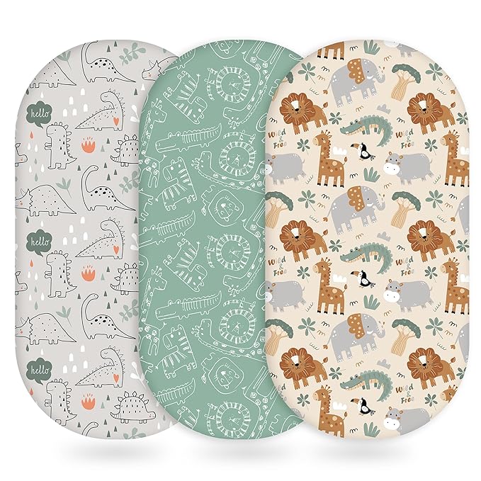 Baby Bassinet Sheets Girl Boy, Fitted Bassinet Sheet Set 3 Pack Bassinet Mattress Sheets Universal Fit for Rectangle, Round, Oval, Hourglass Mattress, Soft Breathable Green & Apricot Lion