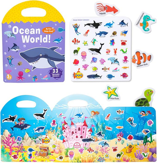 Jelly Reusable Sticker Books for Toddlers 1-3 2-4 Years, Portable Travel Toys Sticker Activity Book for Kids 2 3 4 Year Old Girls Boys (Ocean)