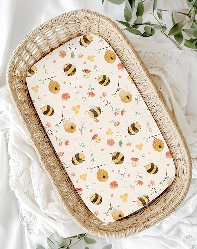 Bassinet Sheets for Baby Girls Boys 2 Pack, Fitted Baby Mattress Sheet for Rectangle, Oval, Hourglass Bassinet Mattress, Breathable Cozy & Universal Fit (Honeybee Dreams)