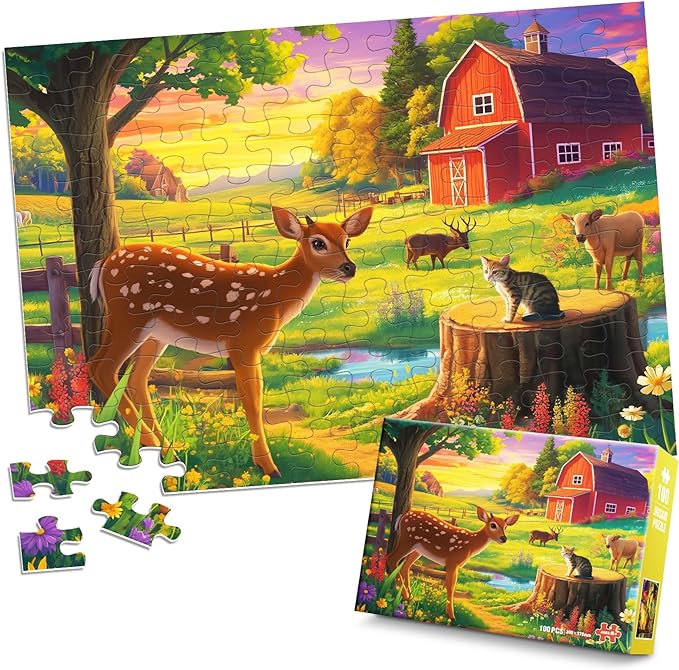 100 Pieces Jigsaw Puzzles for Adults - Deer Cat Puzzles for Kids Ages 4-6 6-8 8-10 10-12 Kids Learning Educational Puzzle Toys for Boys and Girls - Farm Kitten and Cow
