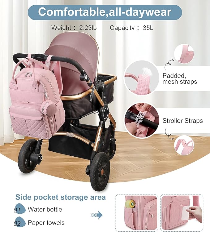 MOONBABY Diaper Bag Backpack, Baby Diaper Bags with Portable Changing Pad and Pacifier Case, Multifunctional Travel Diaper Backpacks, Unisex Baby Bags, Pink