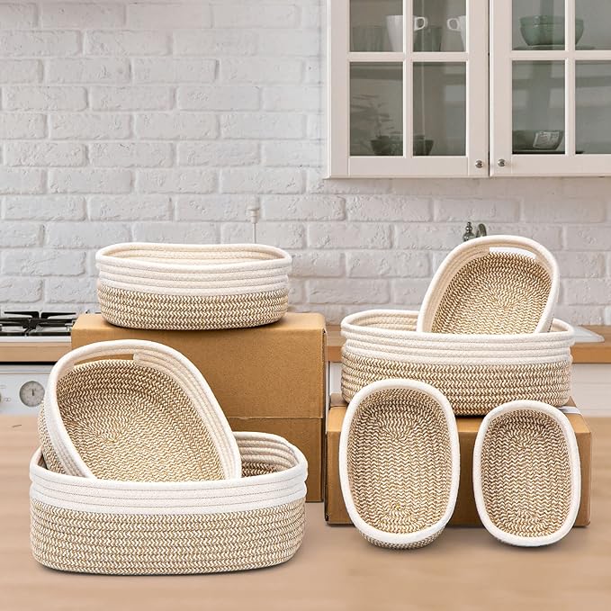 7 Piece Cotton Rope Woven Basket Set - Small Basket for Baby Nursery, Pets, Montessori, Dog & Cat Toy Boxes, Bathroom Organization Bins (White/Brown)