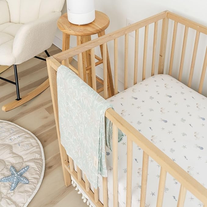 Crane Baby 100% Cotton Under The Sea Fitted Crib Sheet with Jellyfish Design, Neutral Crib Sheets, Fitted Toddler Sheet, 28" x 52" Standard Size Sea Life Crib Sheet