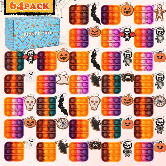 64Pack Halloween Mini Pop Fidget Toys Pack with Cartoon letter Party Favors, Silicone Squeeze Pop Bubble Fidget Bulk Sensory Toys, Pop Keychain Bubble Toy Party Bag Fillers for Kids, Wrap Pop Toy