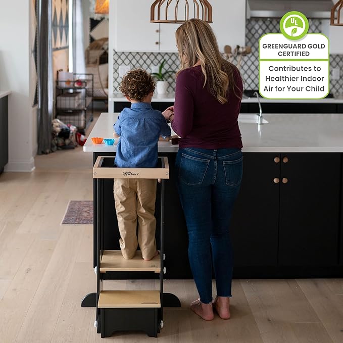 Little Partners Foldable Toddler Tower, Learning Tower Explore 'N Store Montessori Standing Kitchen Tower with Folding Step Stool Platform for Cooking and Learning, Ages 2+ (Charcoal)