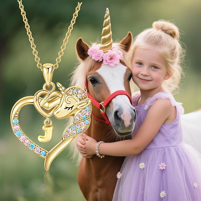 Unicorn Necklaces for Teen Girls Kids - Colorful CZ 18K Gold Plated Heart Initial Necklaces for Women Gold Jewelry Birthday Unicorn Gifts for Girls 6-8 Women