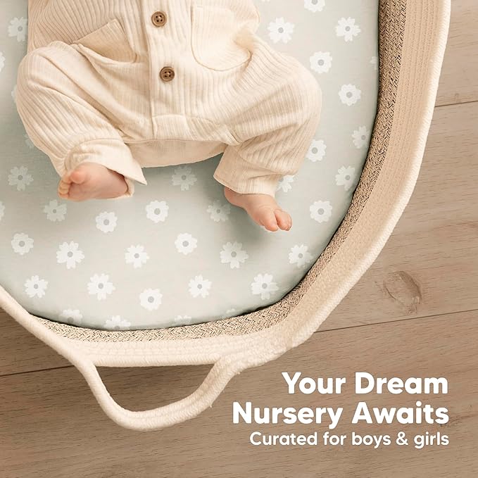 2-Pack Baby Bassinet Sheets Girl, Boy - 33x17 Viscose Derived from Bamboo Bedside Mattress Fitted Bassinet Sheets, Compatible with Halo Bassinest Swivel Sleeper, Baby Delight, Graco (Meadow)