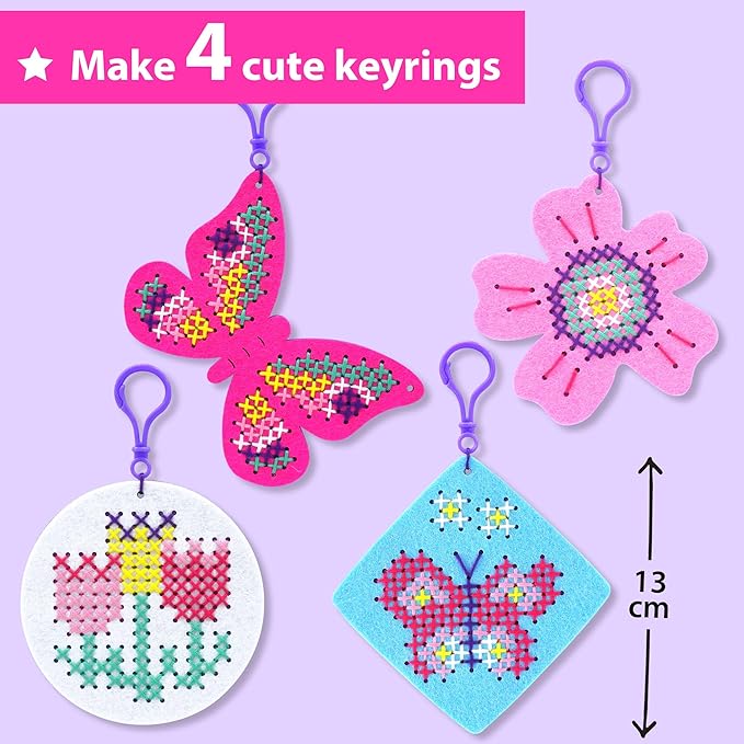 KRAFUN Cross Stitch Kits for Kids Beginners, 4 Cross Stitching Keyrings Arts & Crafts with Butterfly and Flower, Needlepoint Embroidery Kit for Girls 5-13 Craft Kit Backpack Charms, Ornaments