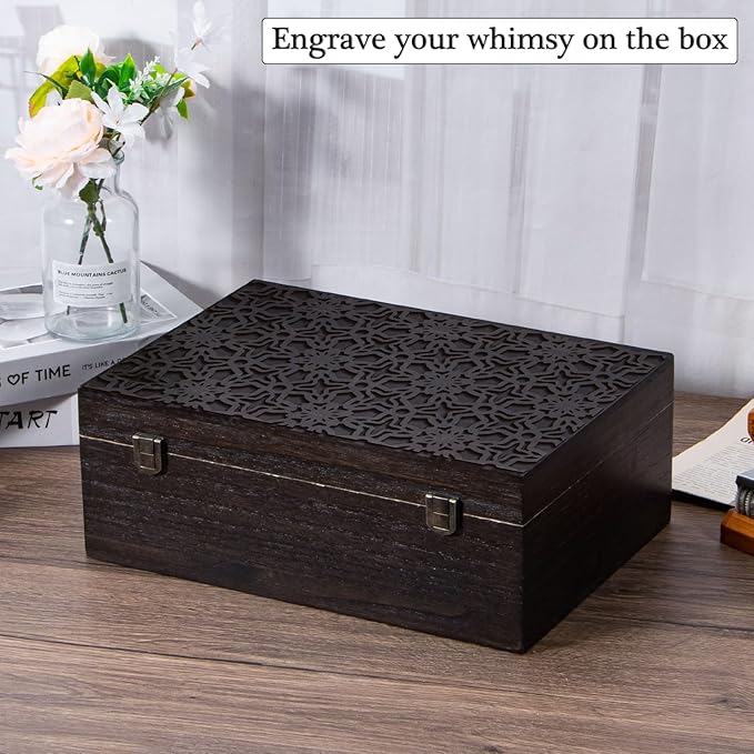 Black Wooden Storage Box with Hinged Lid and Front Clasp, 12.2''x8.6''x4.7'' Large Wooden Box, Wood Gift Boxes for Crafts Art Hobbies and Valentine's Day Decoration