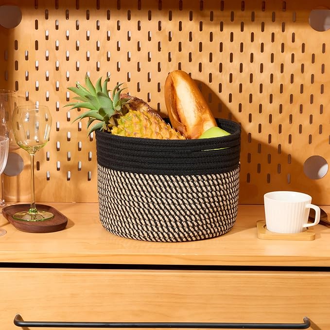 Small Basket for Organizing | Cube Shelf Closet Storage Baskets | 9.7×9.7×7.1” | Woven Rope Gift Basket | Nursery | Round 3 Packs Black Brown