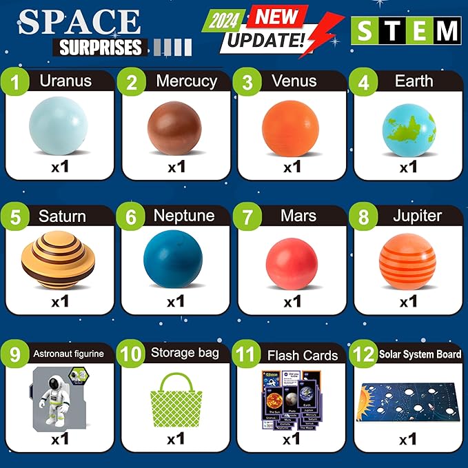 COOLDUCK 30 Pcs Wooden Solar System Model Board Toy Kit, Montessori Planet Balls Toys with Astronaut Figures, Preschool Learning Educational Puzzle, Space Knowledge Flash Cards Learning Toys for Kids