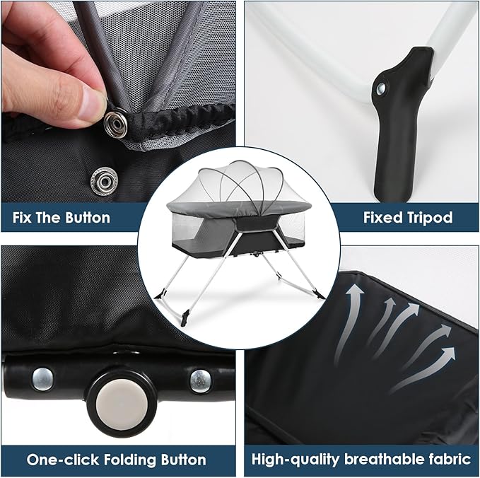 Portable Baby Playard - Foldable Baby Bassinet, Lightweight Playpen with Mosquito Net, 42.5 x 40.2 x 20.8 inches, Black