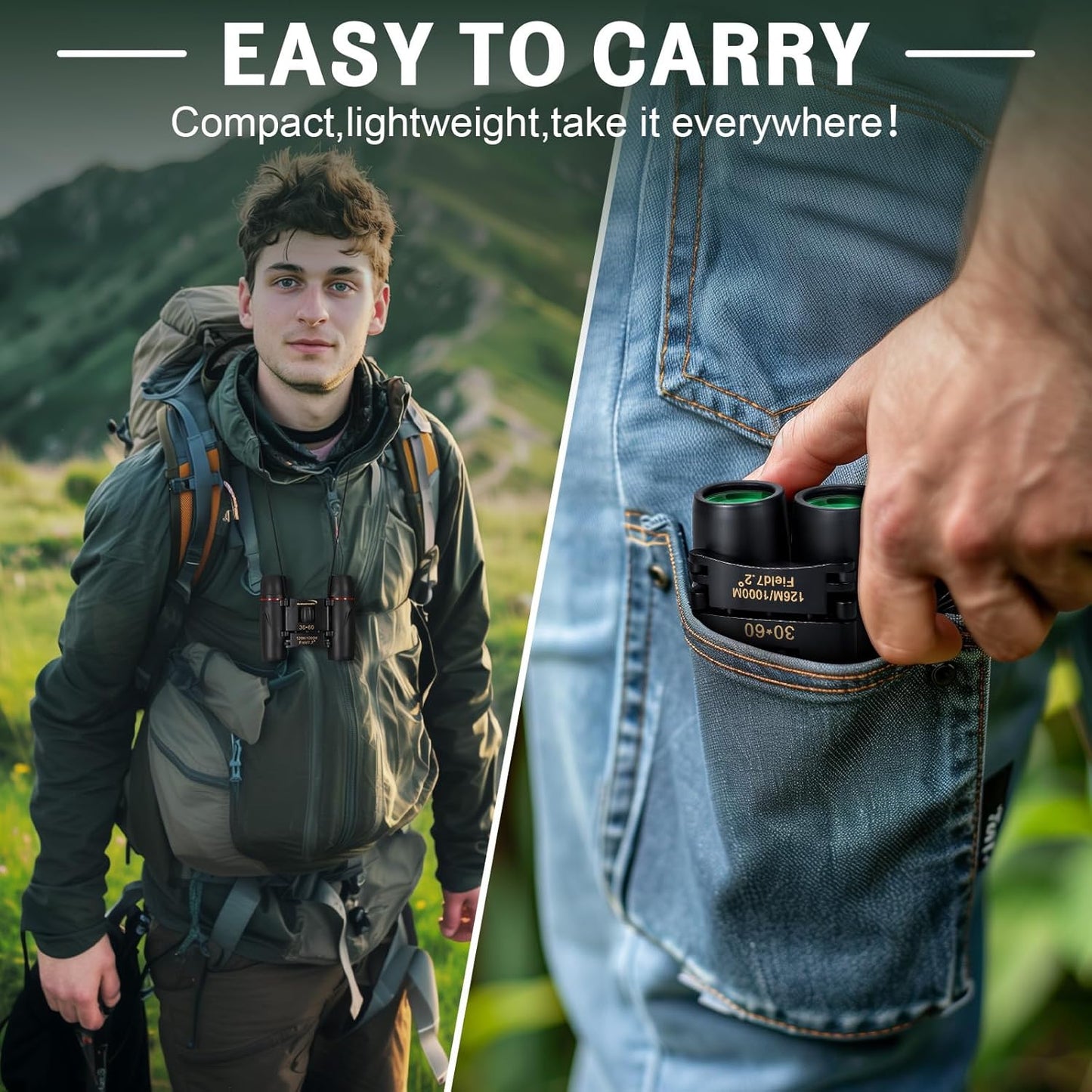 30X60 Small Binoculars for Adults Folding Bird Watching - Aurosports Mini Compact Binocular for Kids High Power Easy Focus Binoculars for Travel Hunting