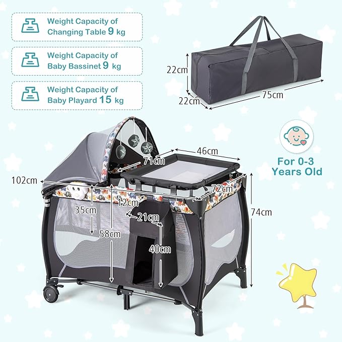 HONEY JOY Pack and Play, 4 in 1 Portable Baby Playard w/Bassinet, Changing Table, Lockable Wheel, Music, Foldable Travel Baby Crib Nursery Center from Newborn to Toddler(Gray, Elephant)