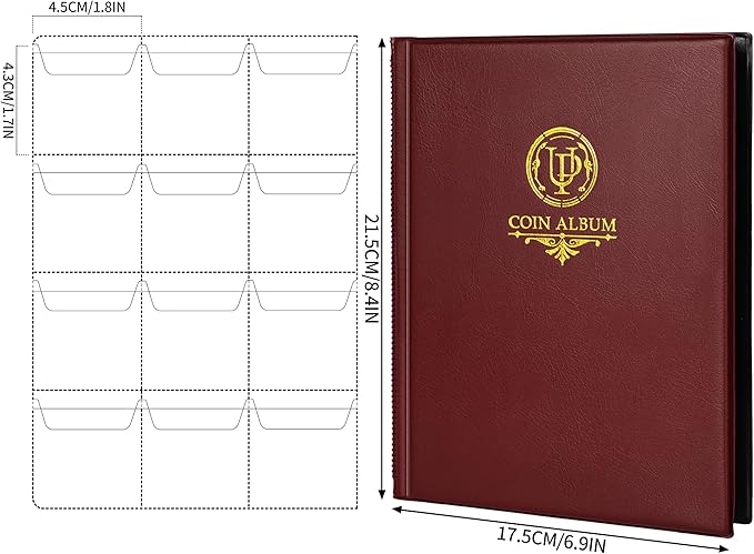120 Pockets Coin Album - Coin Collecting Book with 10 Pages, 45x43 mm Grid Holder for Pounds Pence Cents Dollars Nickel (Red) CS48120RE