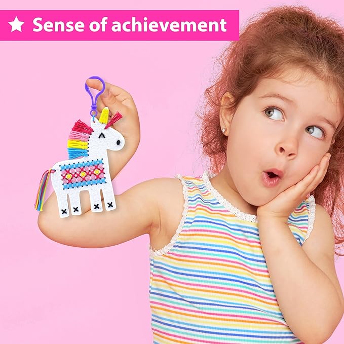 KRAFUN Cross Stitch Kits for Kids Beginners, 4 Unicorn Cross Stitching Keyrings Arts & Crafts, Needlepoint Embroidery Kit for Girls 5-13 Craft Kit Backpack Charms, Ornaments