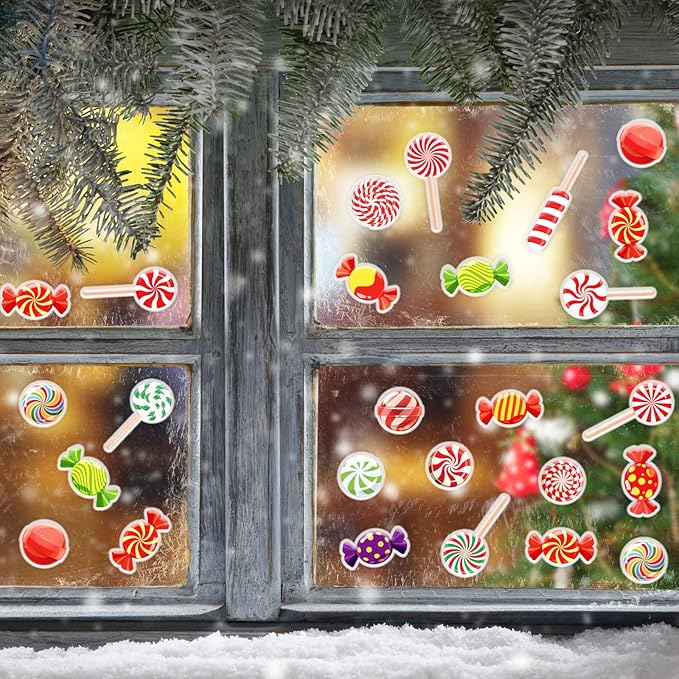 20 PCS Christmas Thick Gel Clings Winter Christmas Peppermint Window Gel Clings Decals Stickers for Kids Toddlers and Adults Home Airplane Classroom Nursery Christmas Holiday Party Supplies