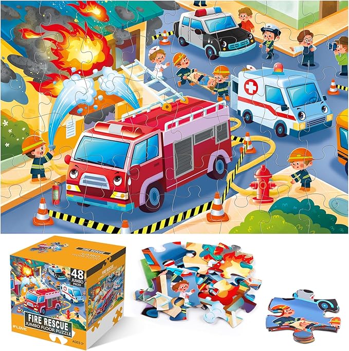 Jumbo Floor Puzzle for Kids,Fire Rescue Jigsaw Large Puzzles,48 Piece Firefighter Fireman Fire Truck Puzzle for Toddler Ages 3-5,Children Learning Preschool Educational Toys,Gift for 4-8 Years Old