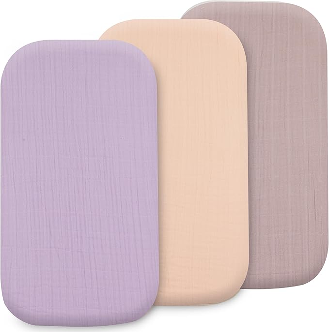 3 Pack Organic Muslin Bedside Bassinet Sheets Compatible with Mika Micky, Baby Delight, Dream On Me, AMKE and Other Bassinet Pads Size Between 17-21 in Width, 29-33 in Length, and 1.5-4 in Thick