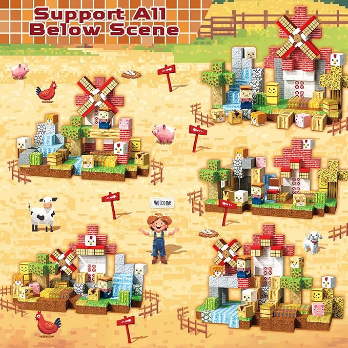 150 PCS Magnetic Blocks - Farm Animals Magnetic Building Blocks Cubes & Magnet Toys, Stacking Magnets, STEM Toys for School Acitivities, Ideal Christmas Birthday Gifts for Boys Age 3+ Years Old