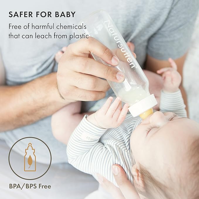 Natursutten Anti-Colic Glass Baby Bottle 2-Pack - 8 oz, 4 oz Bottles for Breastfeeding Babies - Newborn Bottles Set: Natural Rubber Slow-Flow Bottle Nipples, Seals, Valves, Baby Bottle Caps (8 Ounce)