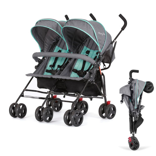 Dream On Me Volgo Twin Umbrella Stroller in Mint, Lightweight Double Stroller for Infant & Toddler, Compact Easy Fold, Large Storage Basket, Large and Adjustable Canopy