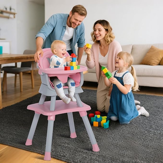 Baby High Chair, 8 in 1 Convertible Highchairs for Babies and Toddlers, Children Dining Booster Seat/Kids Building Block Table for Girls Boys, Baby Seat with Removable Tray, Pink