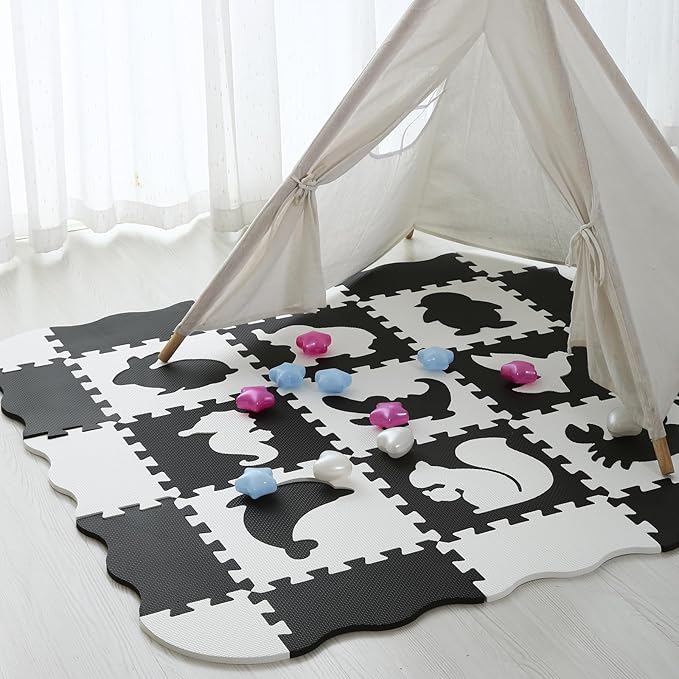 Foam Play Mat for Kids，25Pcs Square Interlocking Puzzle Floor Mat，Baby Play Mat Floor Mat Foam Puzzle Playmat for Toddlers with Fence - Black Animals