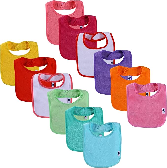 12 Pack Terry Drool Cotton Bibs, Unisex Baby Bibs with Fiber Filling Waterproof for Feeding, Teething, Drooling