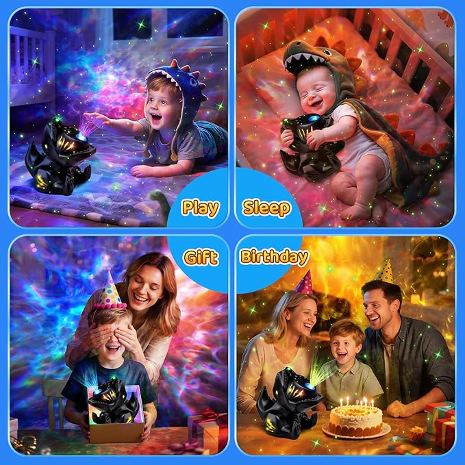 PIKOY Dinosaur Night Light & Sound Machine Baby | 22 White Noises+18 RGB Colors Galaxy Light Projector & Soothing Music | Bluetooth Speaker+Remote+Timer White Noise Machine | Dinosaur Gifts for Boys