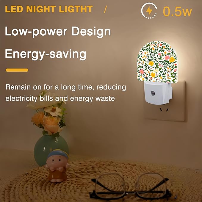 Night Light, Spring Flowers Night Lights Plug into Wall Dusk to Dawn Sensor Round Nightlight for Women Men Energy Efficient Led Lamp 0.5W for Stairway Hallway Bedroom