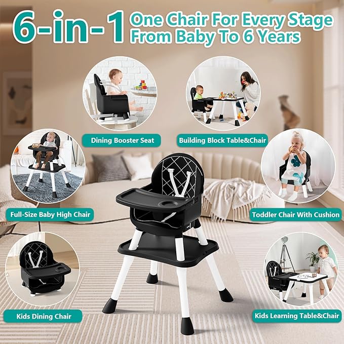 6 in 1 Baby High Chair for Babies and Toddlers, Booster Seat, Kids Learning Table & Chair (Black)