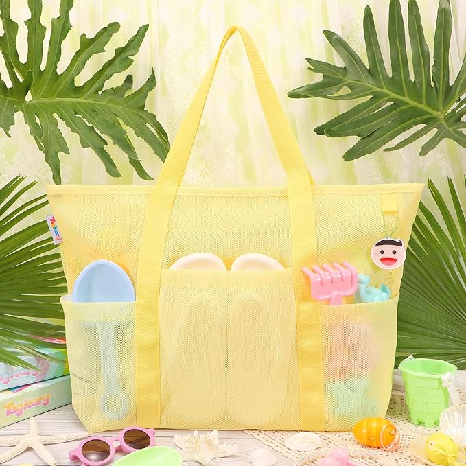 Tagitary Mesh Beach Bag with Zipper Large Beach Tote Waterproof Sandproof with 8 Pockets for Toys Pool Bag Beach Accessories