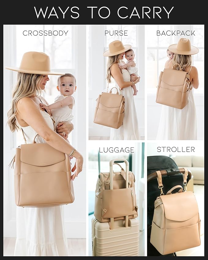 MIA + SOPHIA Leather Diaper Bag Backpack with USB Charging port, Changing Pad, Stroller Straps, and Bottle Holder (Brown Olivia)