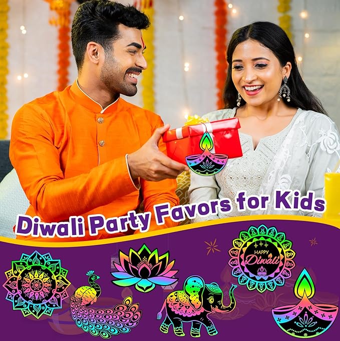 JULMELON 36 PCS Diwali Crafts, Rainbow Scratch Art DIY Scratch Paper Cards Magic Color Diwali Gifts Arts and Craft Kits Bulk Happy Diwali Party Favors School Activities Games