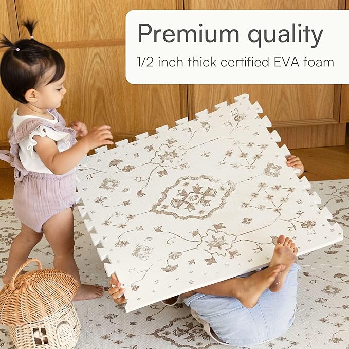 Baby Play Mat for Floor – 6x8ft Vintage Coffee | Soft Non Toxic Premium EVA Foam Tiles for Tummy Time, Crawling & Playroom – Waterproof Floor Mat for Babies & Toddlers Lillefolk (12 Tiles)