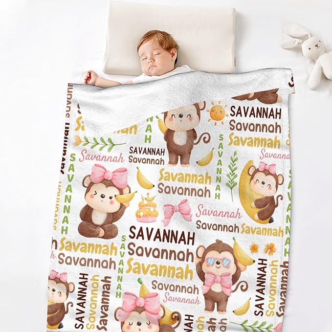 Personalized Baby Blanket for Girls Boys Kids Monkey Custom Baby Blanket with Name Throw Birthday Gift for Toddlers Infants Shower Newborns Nursery Stroller Crib Bed Decor