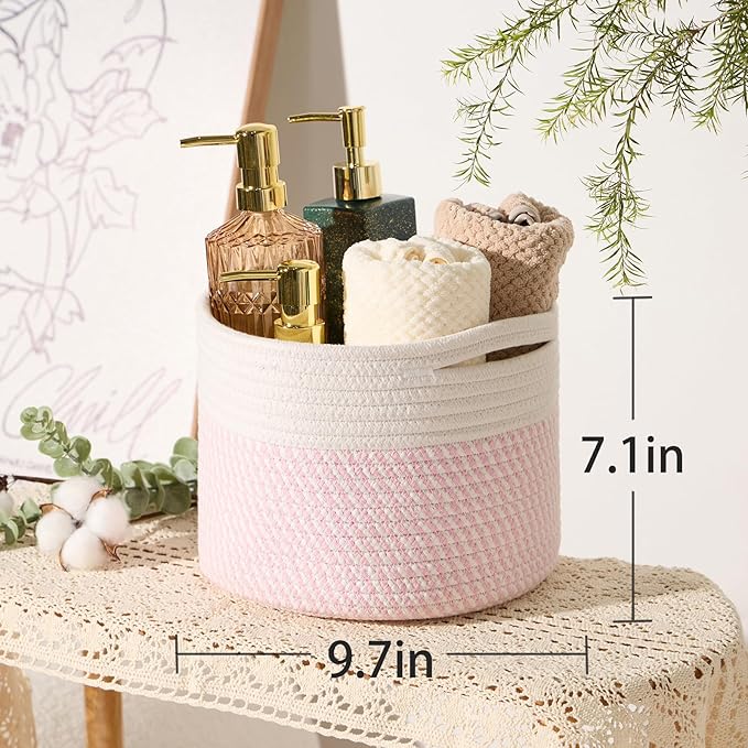 Small Basket for Organizing | Cube Shelf Closet Storage Baskets | 9.7×9.7×7.1” | Woven Rope Gift Basket | Nursery | Round 3 Packs Pink