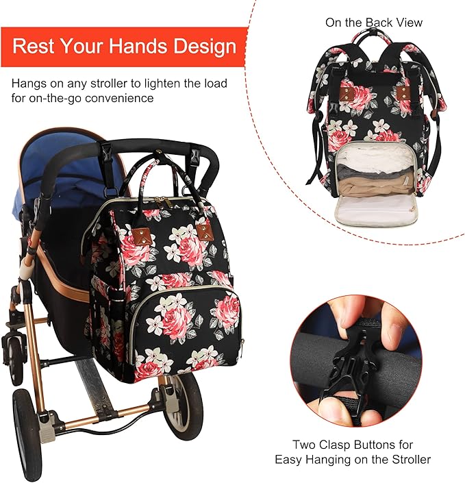 Diaper Bag Backpack Multi-Function Baby Bag With Large Capacity and Insulated Pockets Diaper Backpack Organizer Bag for Mom/Dad, Flower
