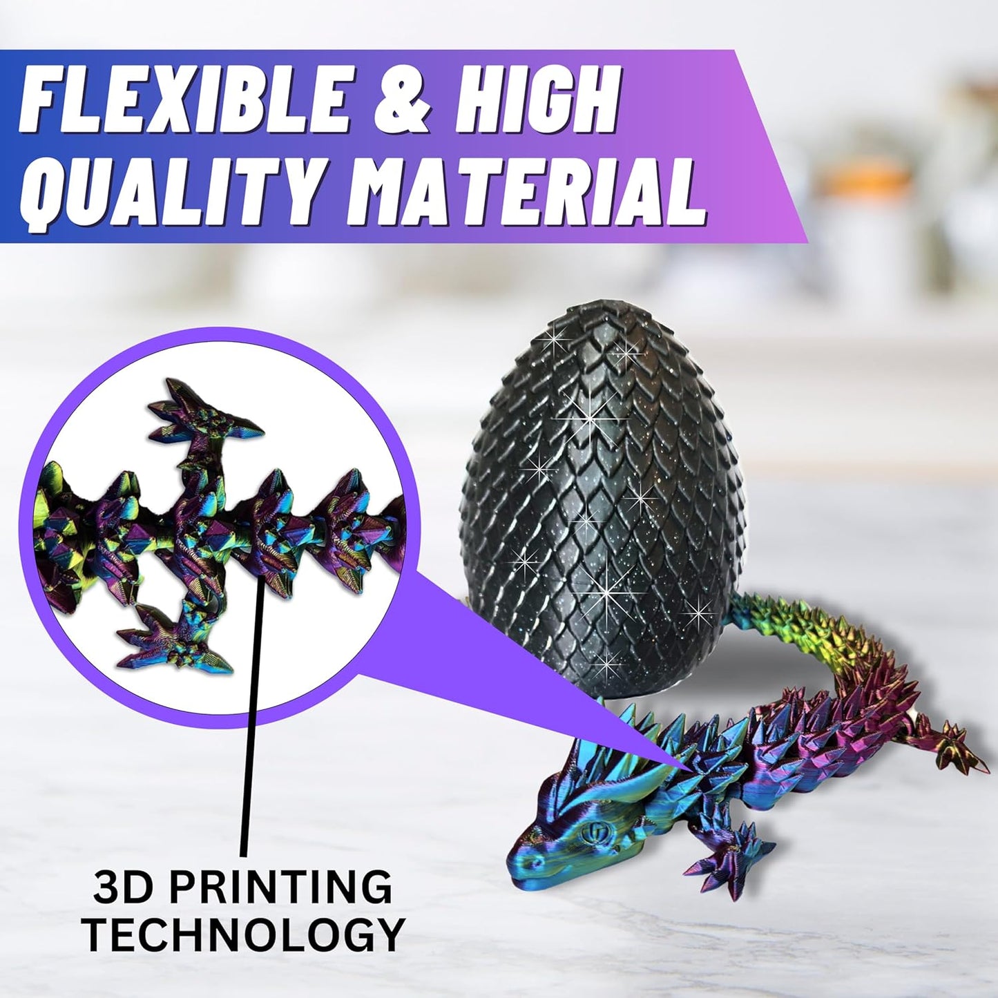 Big 20" Color-Morphing Dragon with Magic Sparkle Egg (Improved Design) Made in USA | Articulated 3D Dragon Eggs with Dragon Inside (RAINBOW & BLACK EGG)