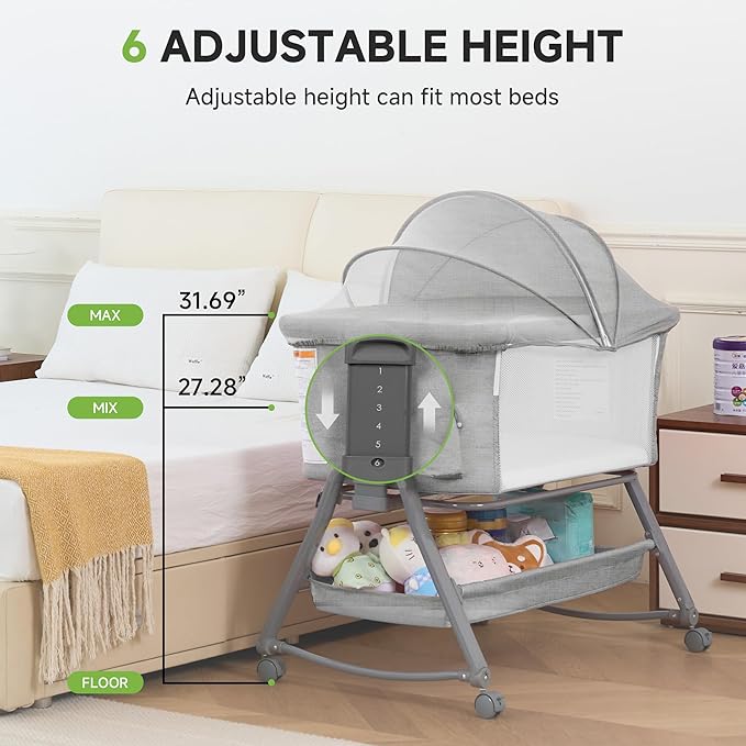 Real Relax Baby Bassinet Bedside Sleeper, 3 in 1 Bedside Rocking Bassinet for Baby with 6 Adjustable Height, Breathable Mesh Sides & Mattress, Storage Basket, Mosquito Nets, Easy to Fold, Grey