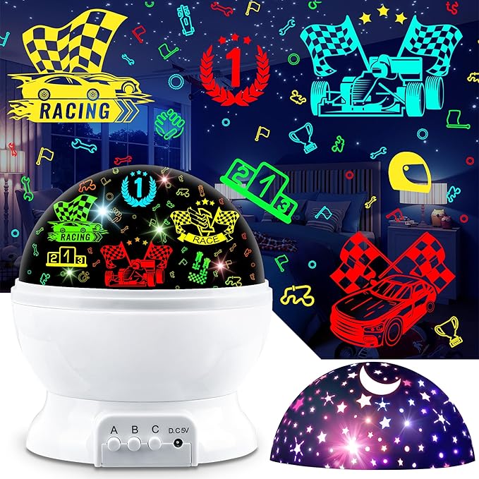 Race Car Night Light Projector Birthday Gifts Toys for Boys Age 3-5 Kids Car Nightlights 360 Degree Rotation with 17 Colors Changing Star Projector Ceiling Light Projector for Boys