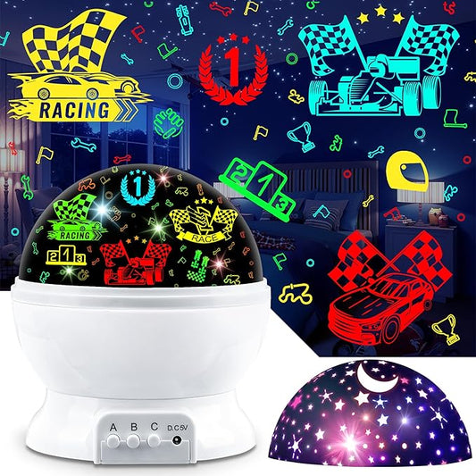 Race Car Night Light Projector Birthday Gifts Toys for Boys Age 3-5 Kids Car Nightlights 360 Degree Rotation with 17 Colors Changing Star Projector Ceiling Light Projector for Boys