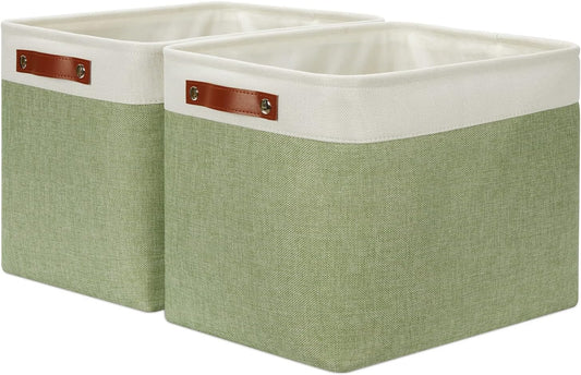 DULLEMELO 2-Pack Large Storage Baskets for Organizing 16"x12"x12" Canvas Fabric Storage Basket Bins With Leather Handles for Shelf Clothes Empty Gift Basket (White&Green)