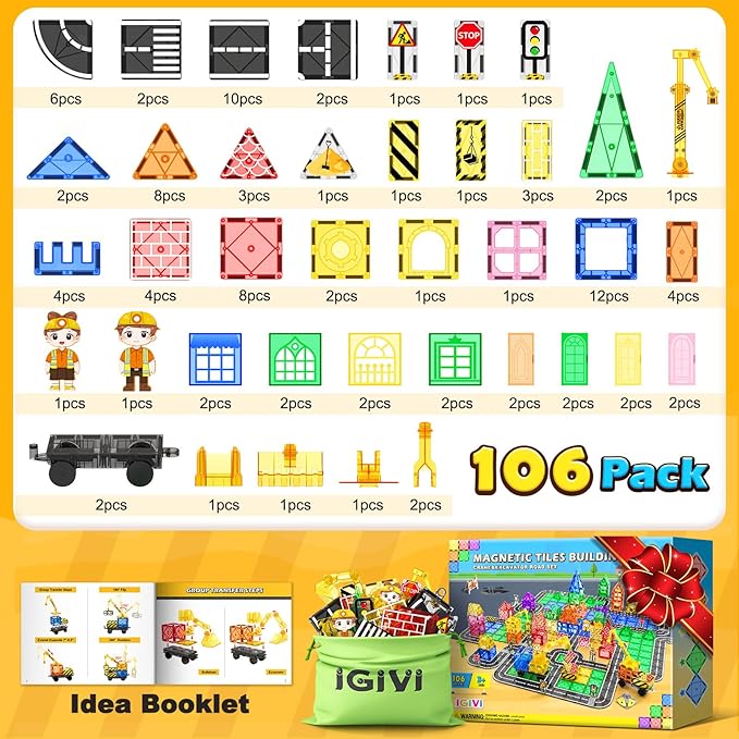 106PCS Magnetic Tiles Road Construction Set - STEM Magnet Building Blocks with Excavator & Crane - Educational Toys Games for Kids Ages 3-12 - Toddler Toys Gifts for Boys and Girls