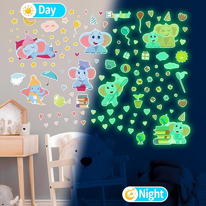 Glow in The Dark Cute Elephants Wall Decals, Animal Star Stickers for Baby Girls Boys Room, Luminous Ceiling Decor for Bedroom Playroom Nursery