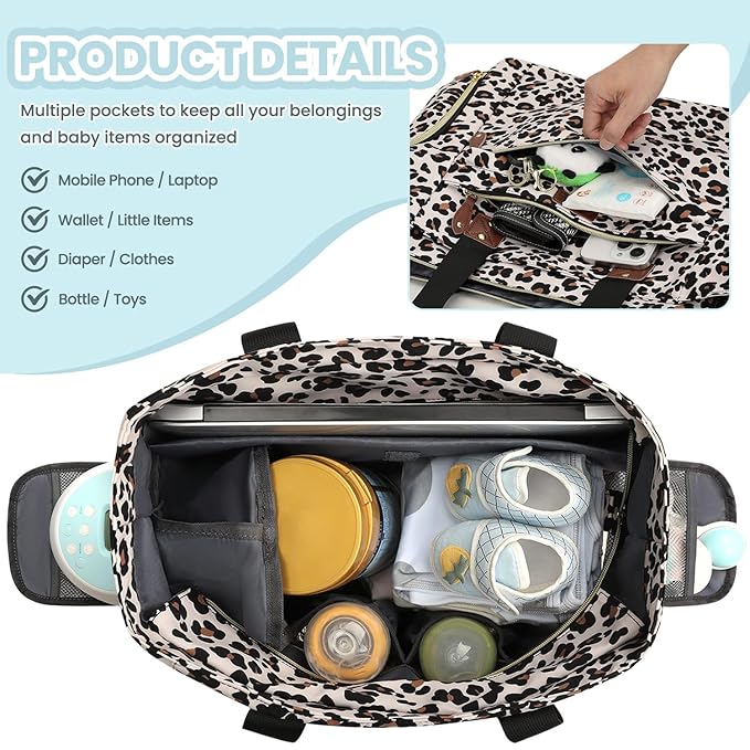 Diaper Bag Tote for Working Mom, Large Travel Diaper Tote for Mom and Dad with 14 Inch Laptop Sleeve, Mommy Maternity Travel Baby Bag for Boys and Girls, Leopard