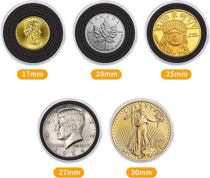 100Pcs 30mm Coin Holders with 5-Size Foam Gasket, Plastic Coin Capsules for Collectors, Clear Coin Case with Storage Organizer Box for Coin Collection Supplies, Black Gasket 17/20/25/27/30mm