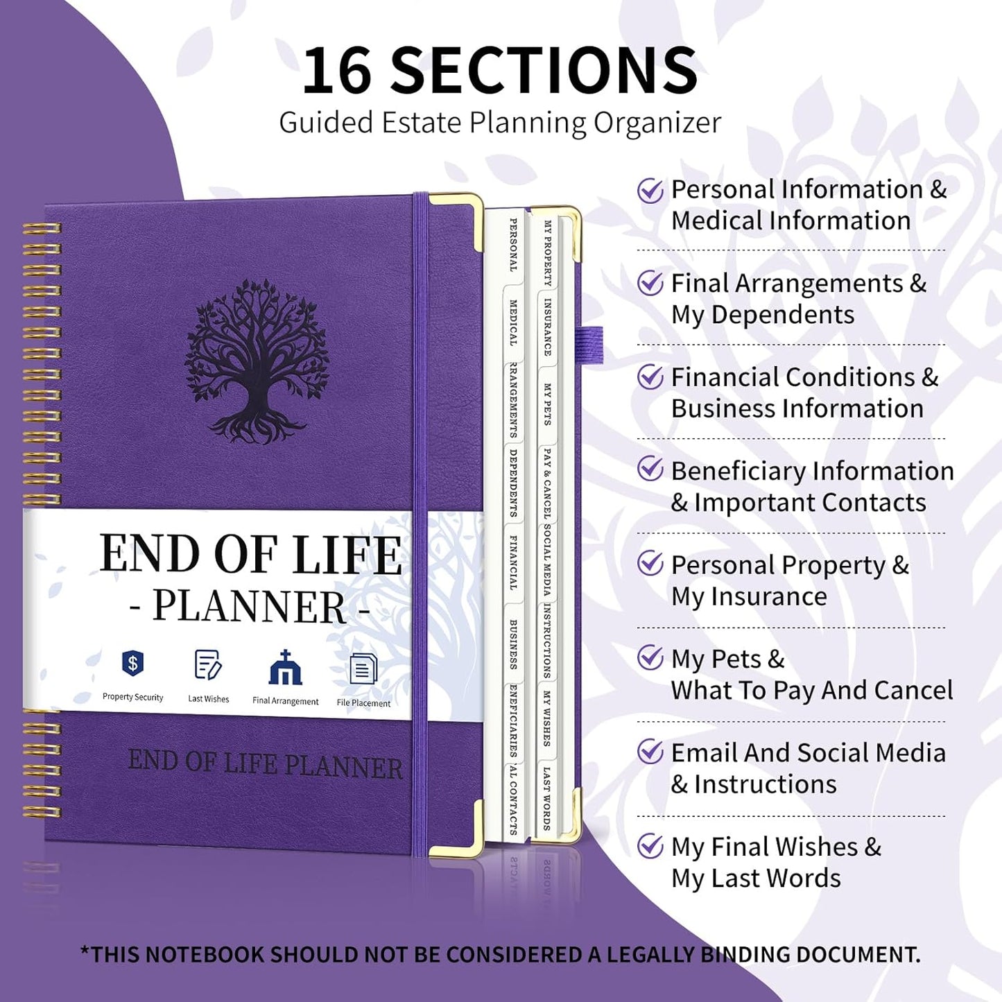 End of Life Planner, Spiral Estate Planning Organizer with Tabs for Senior, I'm Dead Now What Planner for Final Arrangements & Important Affairs with Large Print, 7.9"x10.4", Purple